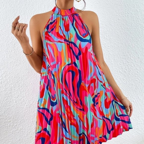 Trends Now! Contemporary Print Tie Back Halter Pleated Mini Dress - Picture 5 of 5
